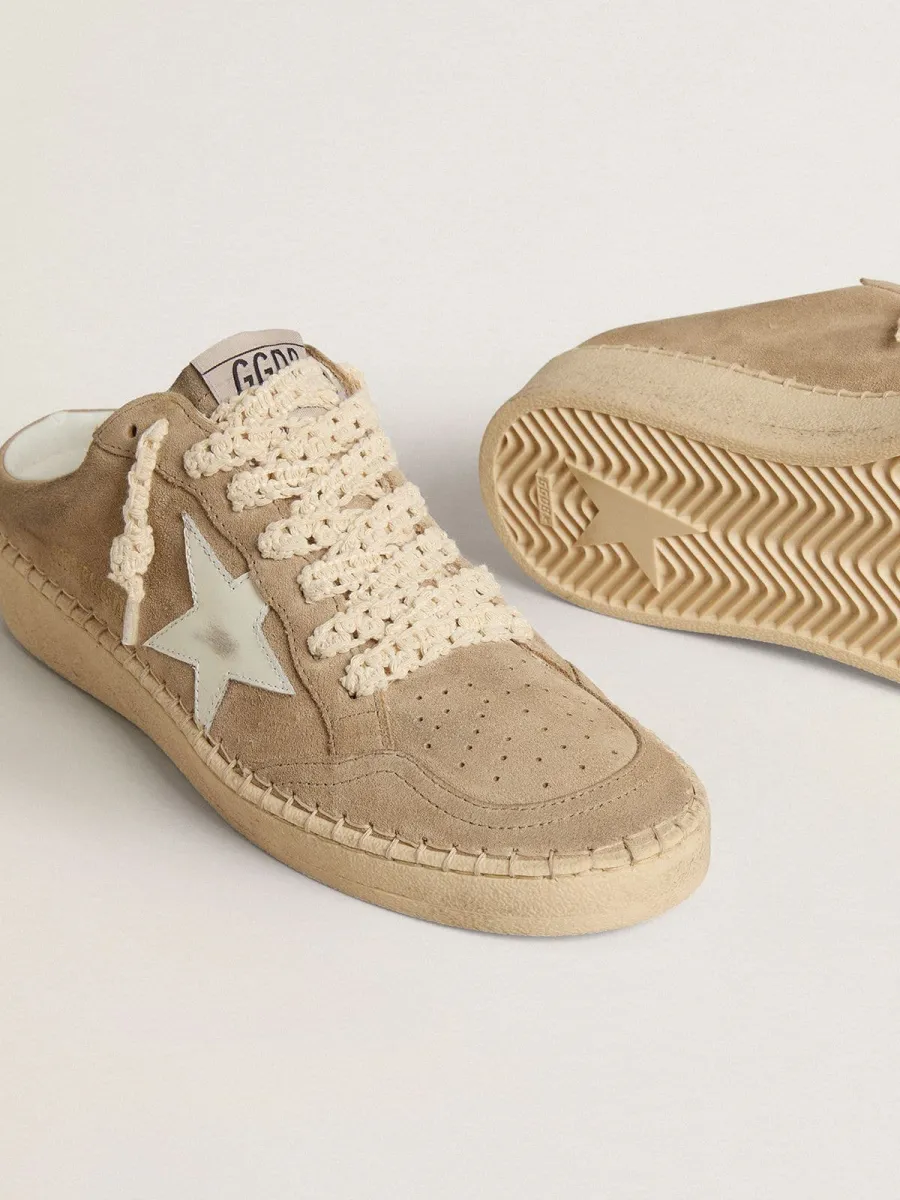 Ball Star Sabot Donna in suede beige con stella in pelle bianca