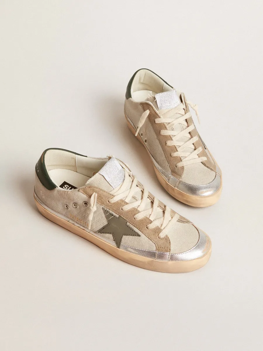 Super-Star in canvas grigio con stella e talloncino in pelle verde