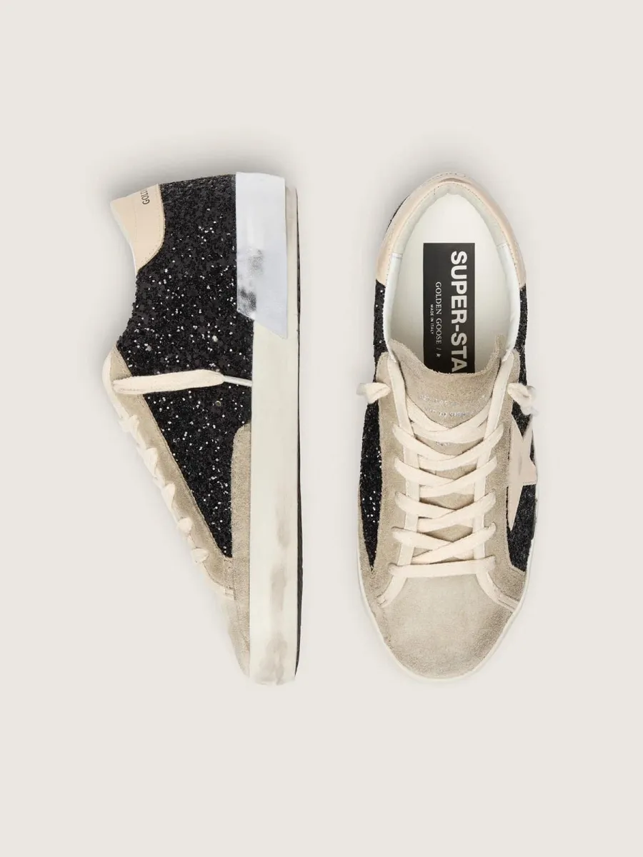 Super-Star in glitter neri con stella panna e inserti in suede