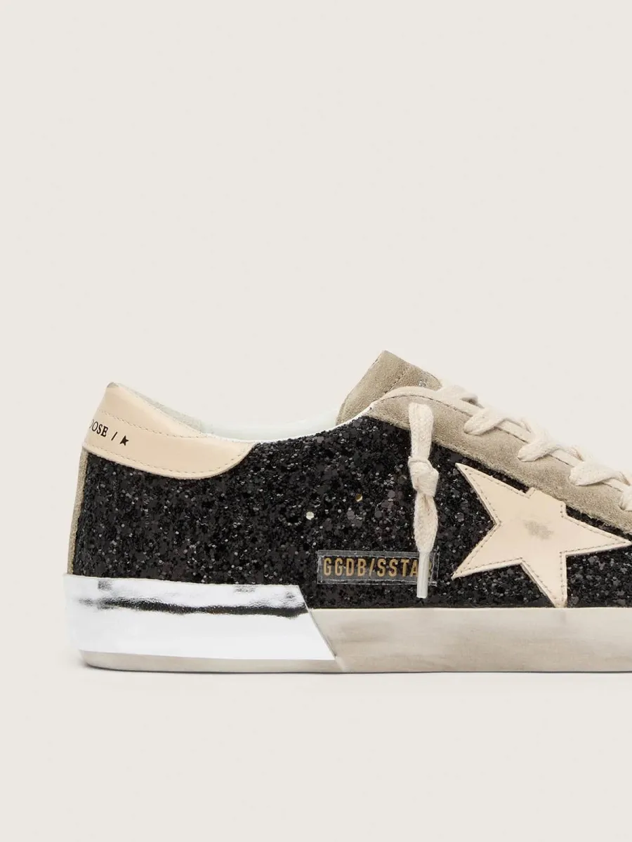 Super-Star in glitter neri con stella panna e inserti in suede