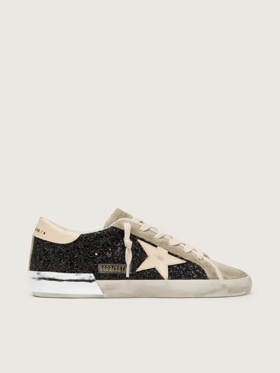 Super-Star in glitter neri con stella panna e inserti in suede