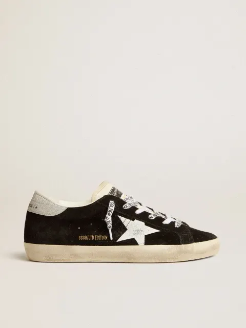Super-Star Donna LTD in suede nero con stella stampata bianca e talloncino in glitter argento