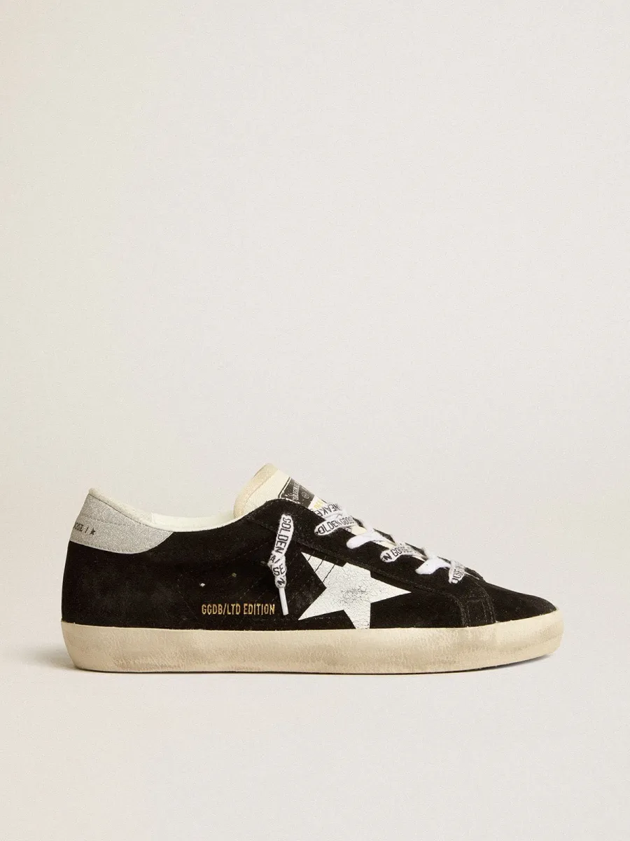 Super-Star Donna LTD in suede nero con stella stampata bianca e talloncino in glitter argento