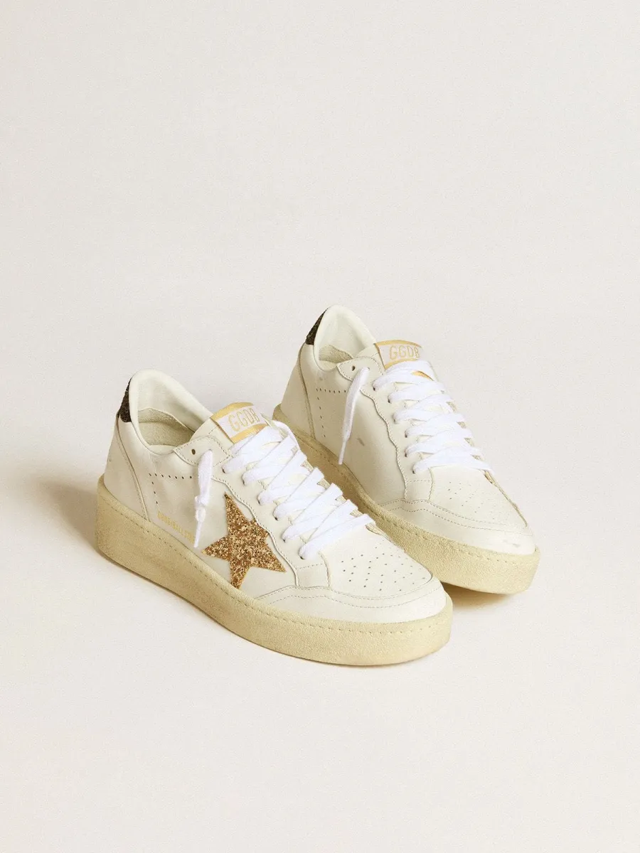 Ball Star Donna in pelle bianca con stella glitter oro e talloncino glitter nero
