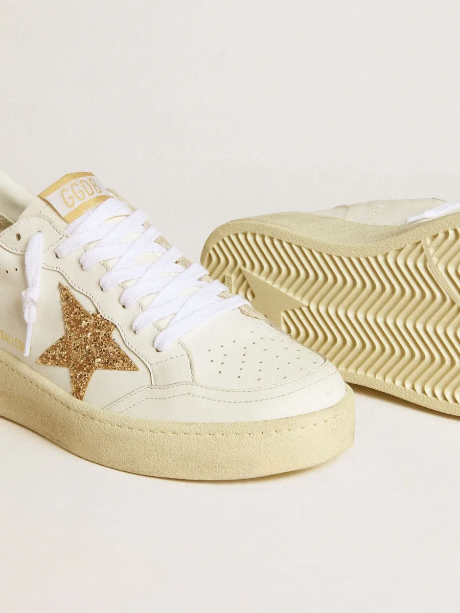 Ball Star Donna in pelle bianca con stella glitter oro e talloncino glitter nero