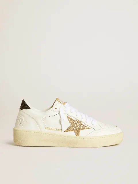 Ball Star Donna in pelle bianca con stella glitter oro e talloncino glitter nero