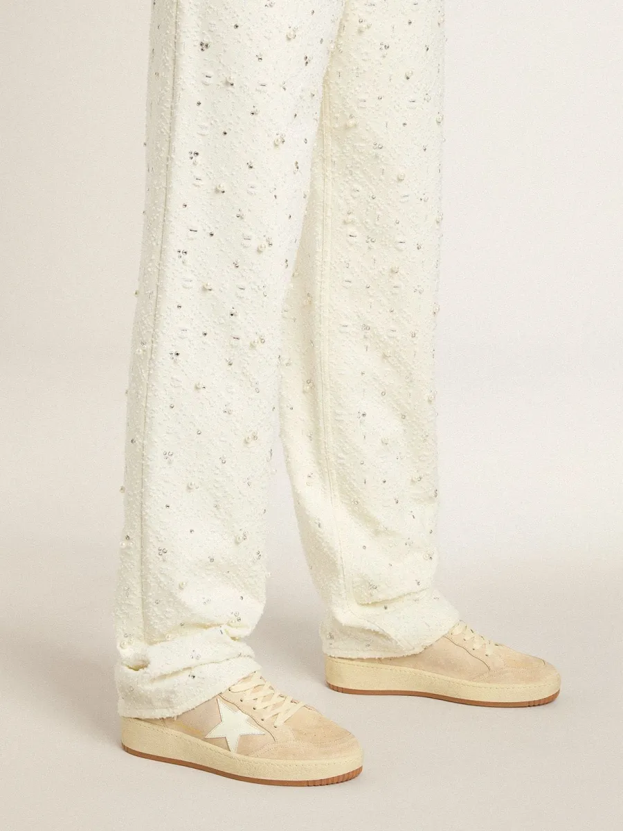 Ball Star Donna in suede beige con stella e talloncino in pelle bianca