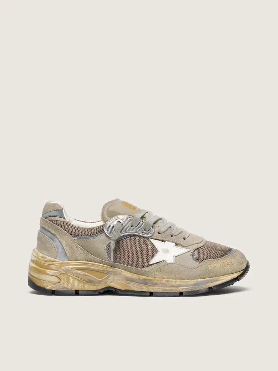 Dad-Star Donna in suede tortora e rete argento con stella in pelle bianca e talloncino in suede