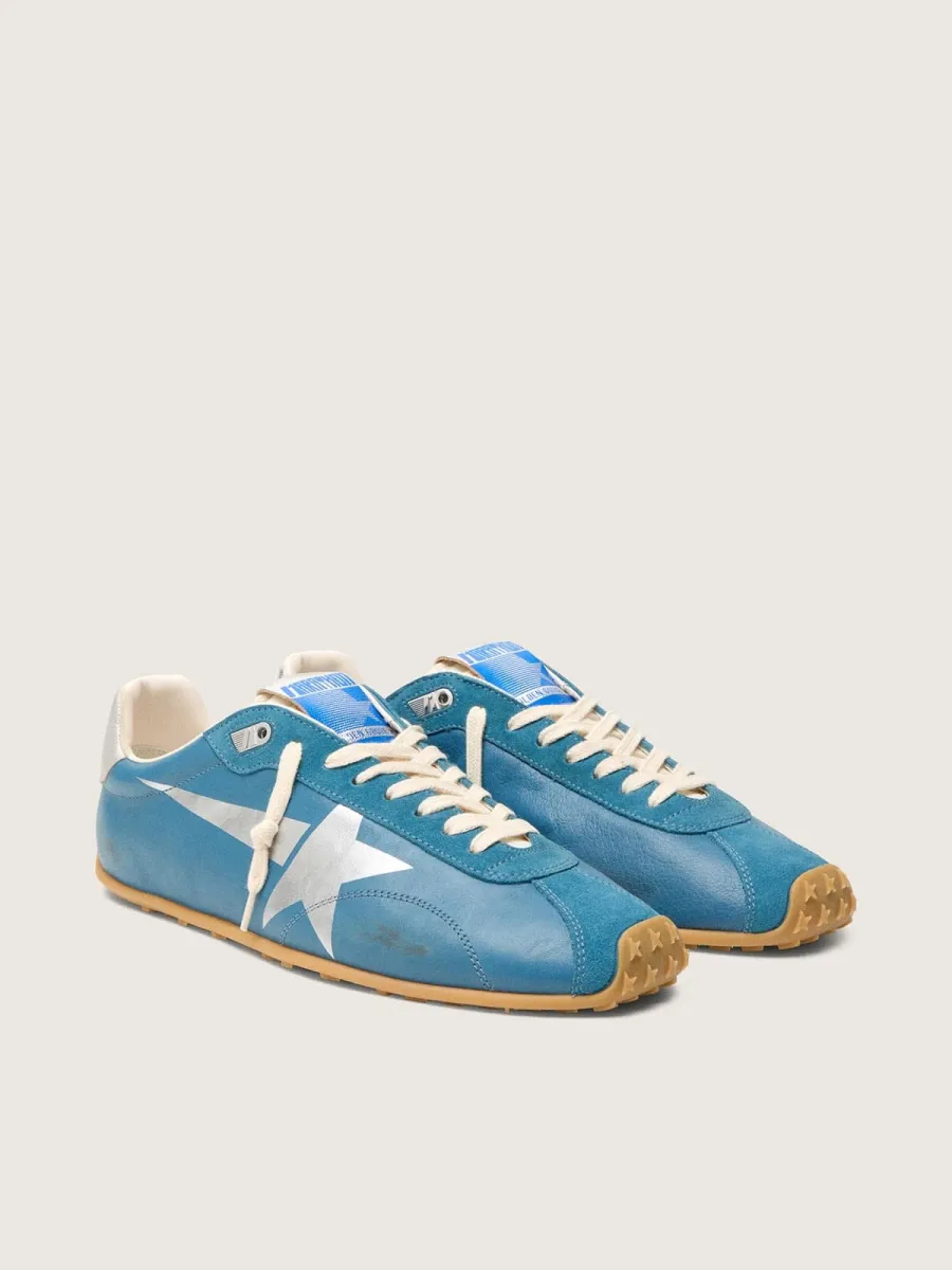 Marathon Speed Donna in nappa blu con stella stampata e talloncino in pelle argento
