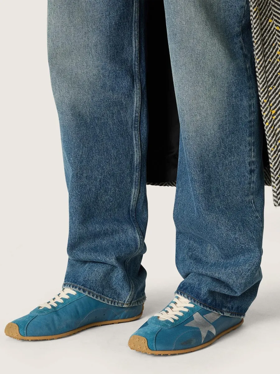 Marathon Speed Donna in nappa blu con stella stampata e talloncino in pelle argento