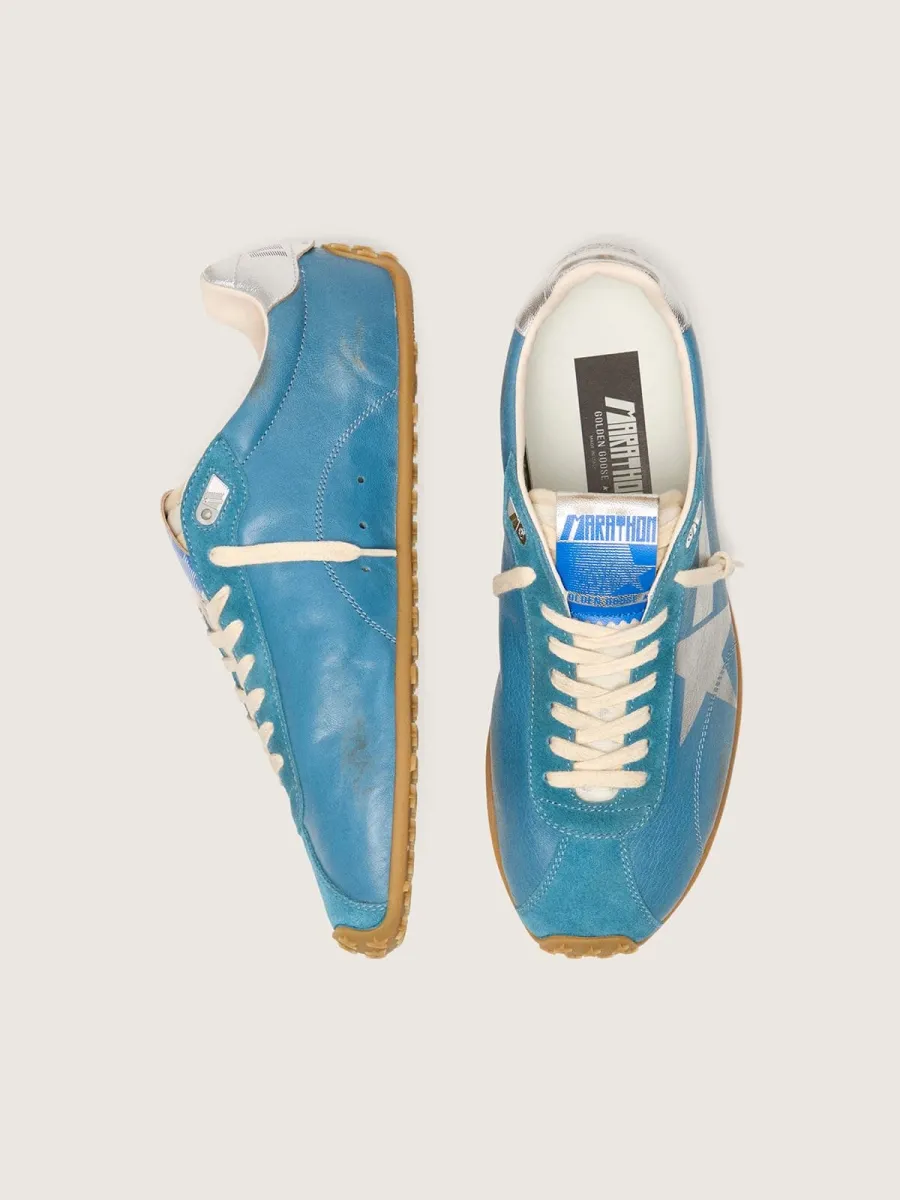 Marathon Speed Donna in nappa blu con stella stampata e talloncino in pelle argento