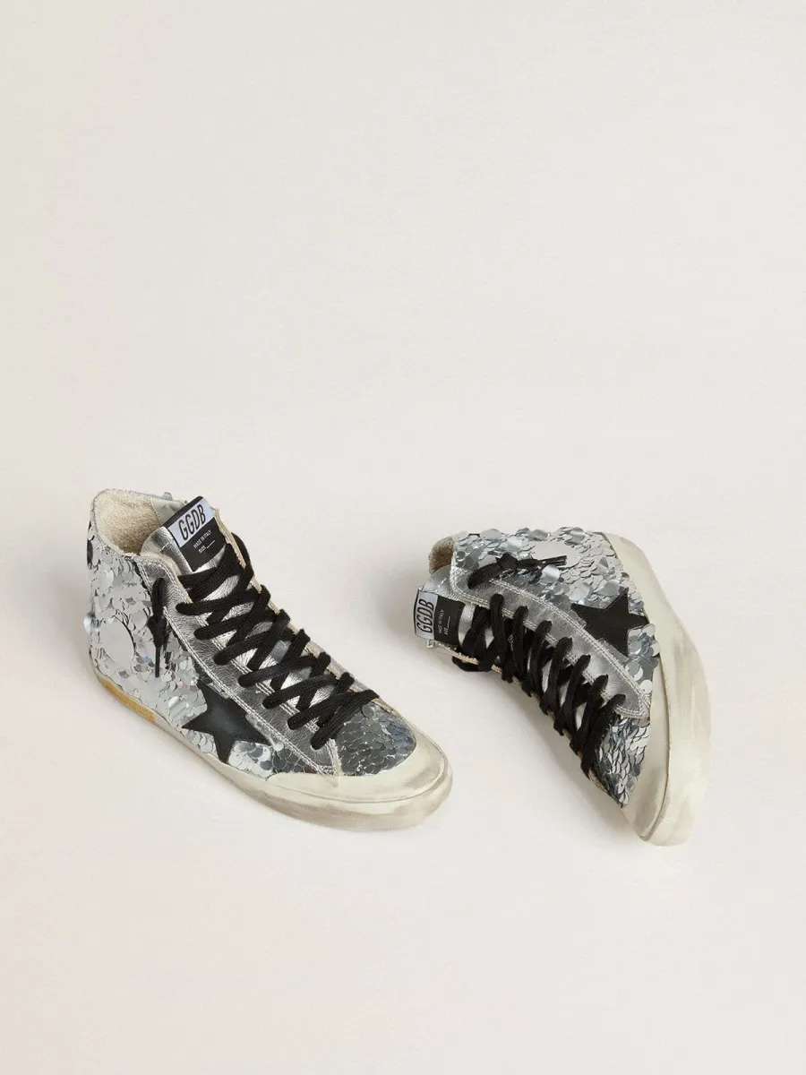Francy Donna in nylon con ricami in paillettes argentate all-over e stella in pelle nera