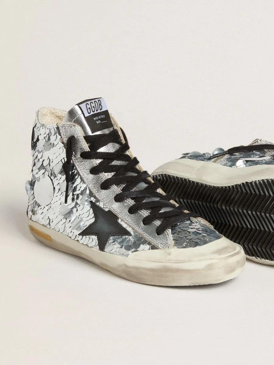 Francy Donna in nylon con ricami in paillettes argentate all-over e stella in pelle nera
