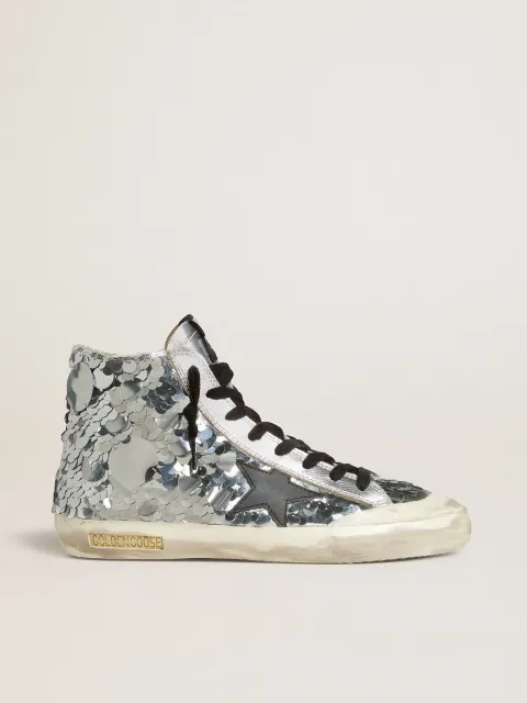 Francy Donna in nylon con ricami in paillettes argentate all-over e stella in pelle nera