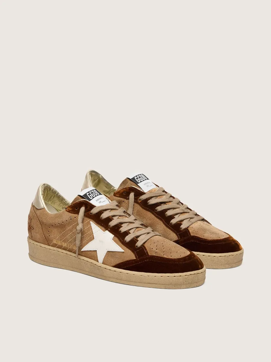 Ball Star Donna in suede tabacco con stella in pelle bianca e inserti in velluto cognac