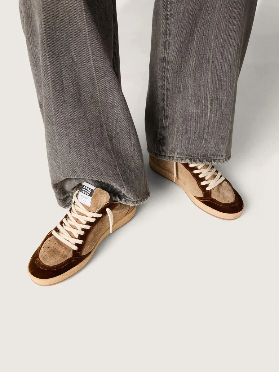 Ball Star Donna in suede tabacco con stella in pelle bianca e inserti in velluto cognac