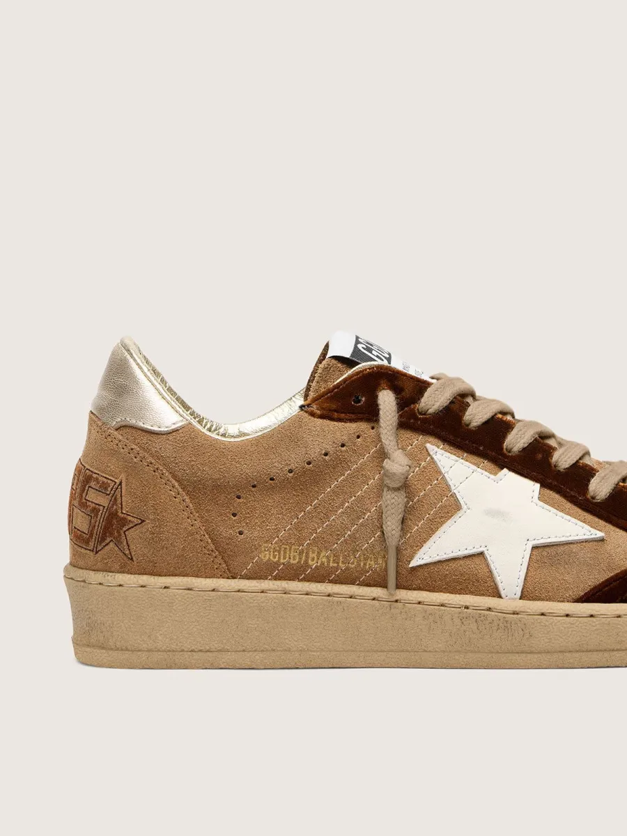 Ball Star Donna in suede tabacco con stella in pelle bianca e inserti in velluto cognac