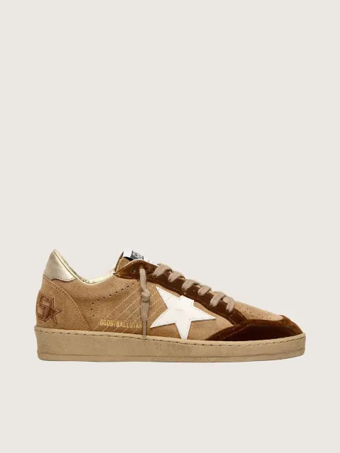 Ball Star Donna in suede tabacco con stella in pelle bianca e inserti in velluto cognac