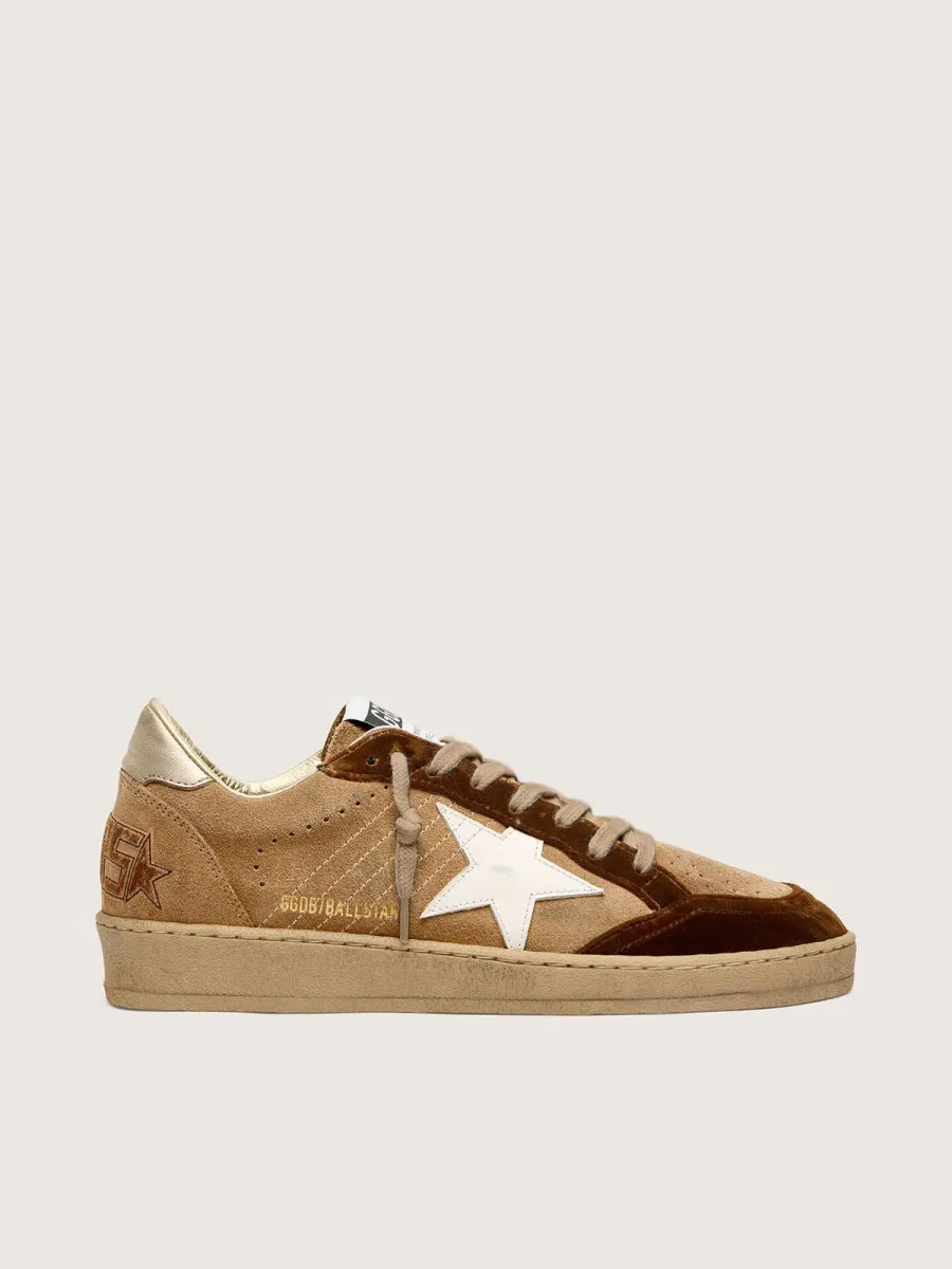 Ball Star Donna in suede tabacco con stella in pelle bianca e inserti in velluto cognac