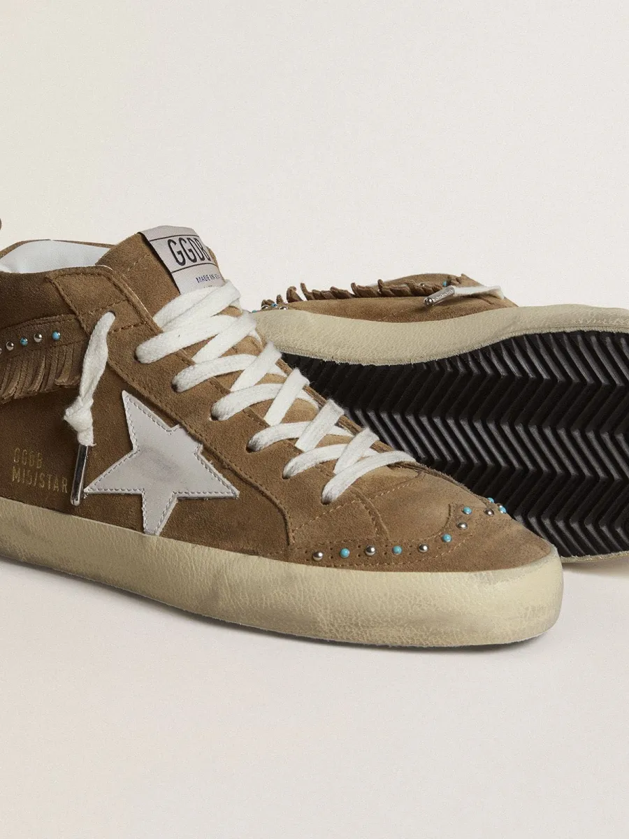Mid Star Donna in suede color tabacco con frange e borchie