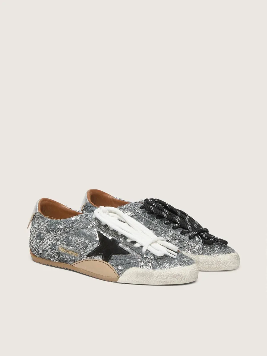 True-Star Donna in paillettes argento con stella color nero e talloncino in pelle argento