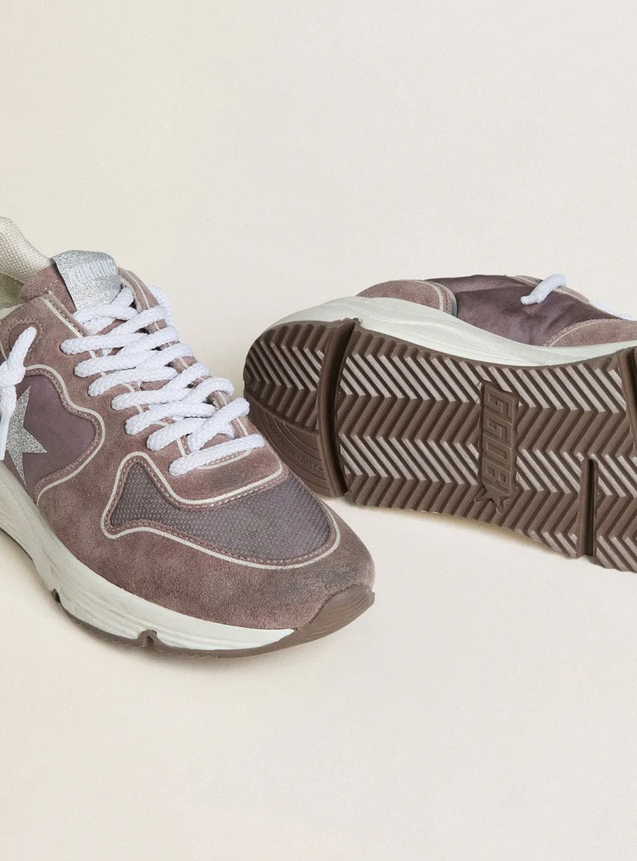 Running Sole Donna  in nylon e suede lavanda con stella stampata e talloncino in pelle argento