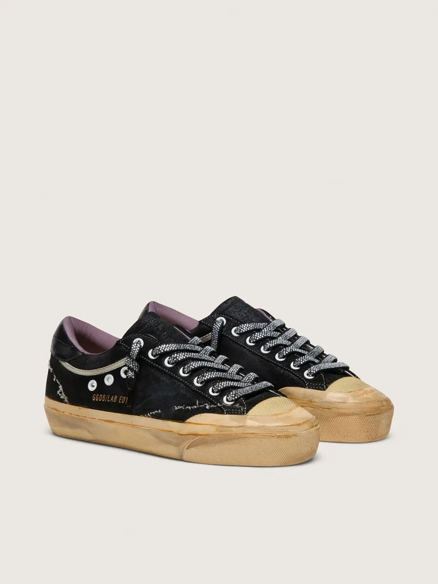 Super-Star Donna LAB in suede laminato nero e nylon con stella in rilievo e lacci con cristalli