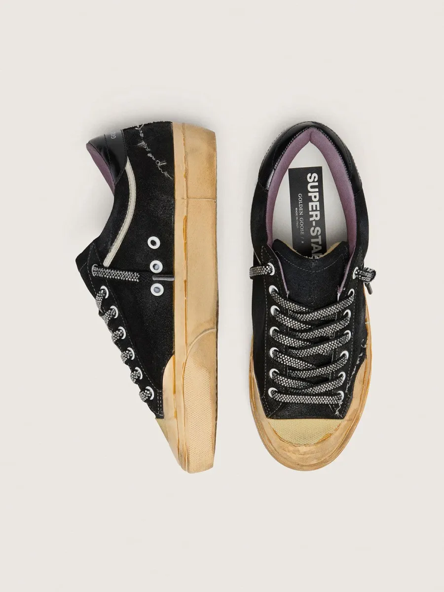 Super-Star Donna LAB in suede laminato nero e nylon con stella in rilievo e lacci con cristalli