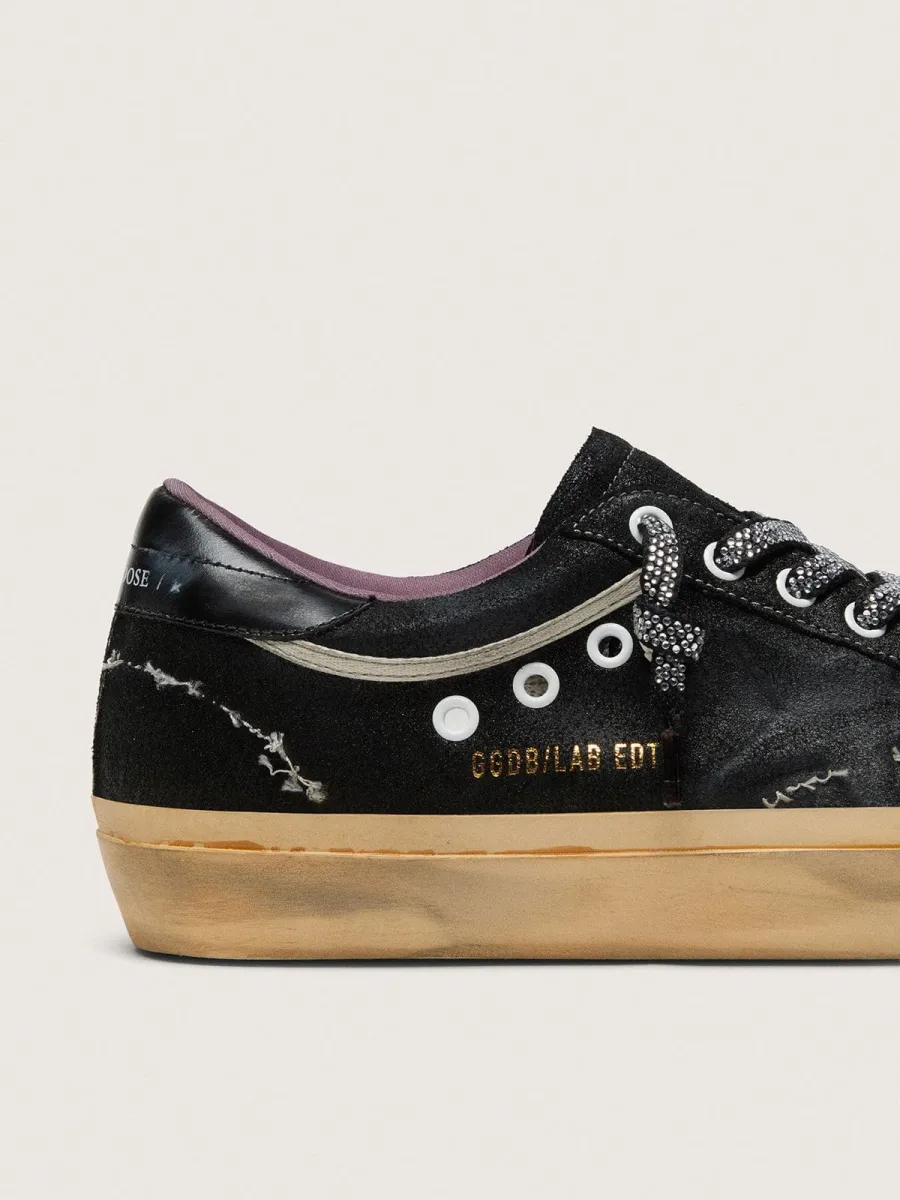 Super-Star Donna LAB in suede laminato nero e nylon con stella in rilievo e lacci con cristalli