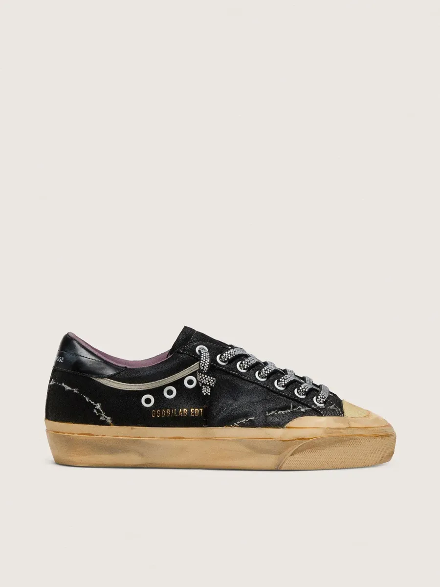 Super-Star Donna LAB in suede laminato nero e nylon con stella in rilievo e lacci con cristalli