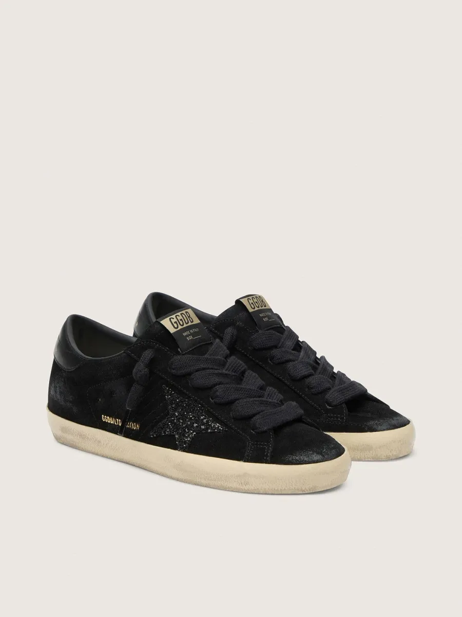 Super-Star Donna LTD in suede nero con stella in glitter neri e talloncino in pelle nera