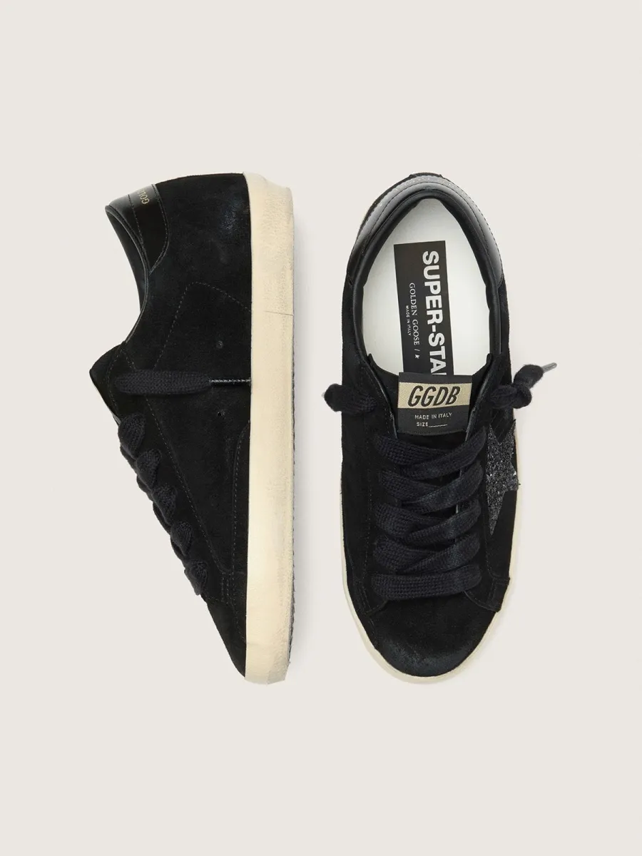 Super-Star Donna LTD in suede nero con stella in glitter neri e talloncino in pelle nera