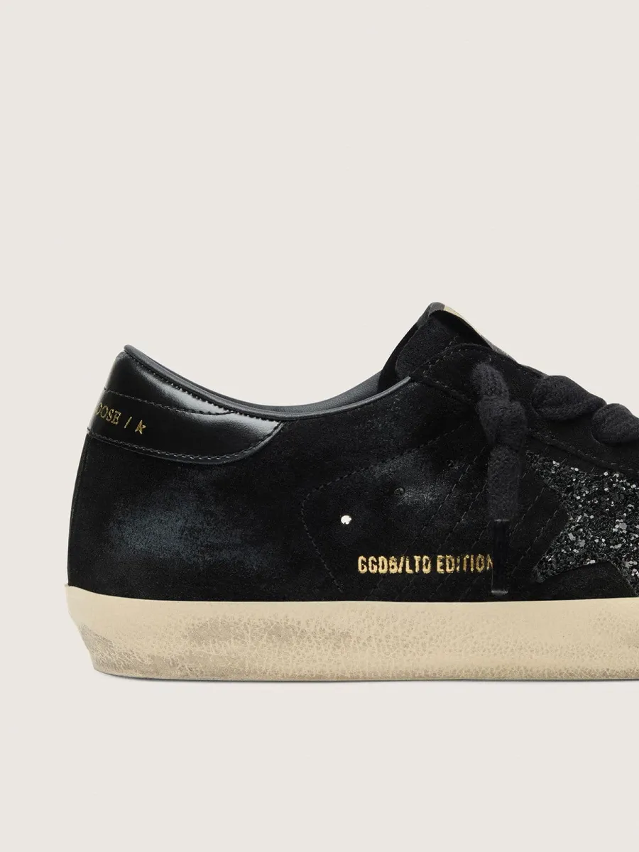 Super-Star Donna LTD in suede nero con stella in glitter neri e talloncino in pelle nera