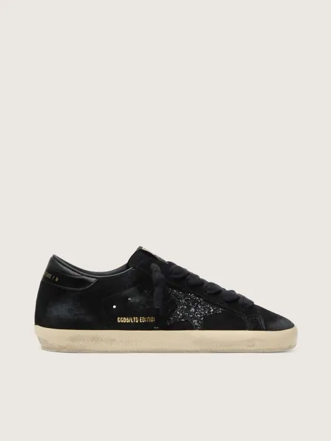 Super-Star Donna LTD in suede nero con stella in glitter neri e talloncino in pelle nera