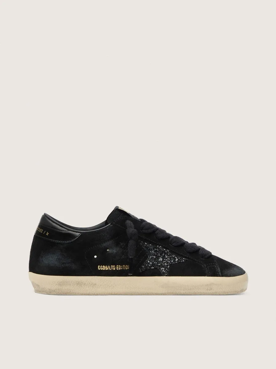 Super-Star Donna LTD in suede nero con stella in glitter neri e talloncino in pelle nera