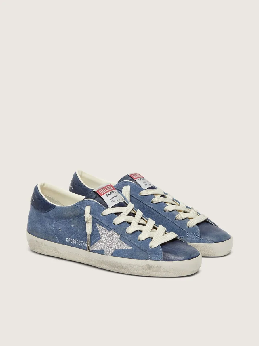 Super-Star donna in suede blu denim con stella glitter argento