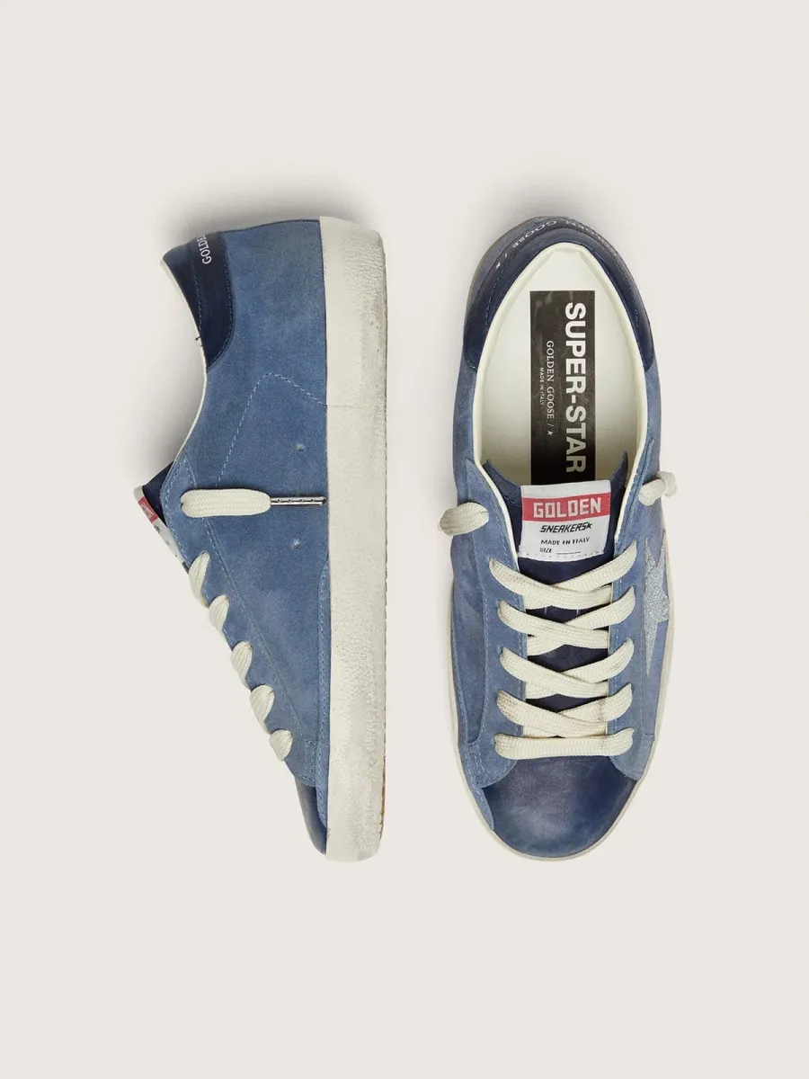 Super-Star donna in suede blu denim con stella glitter argento