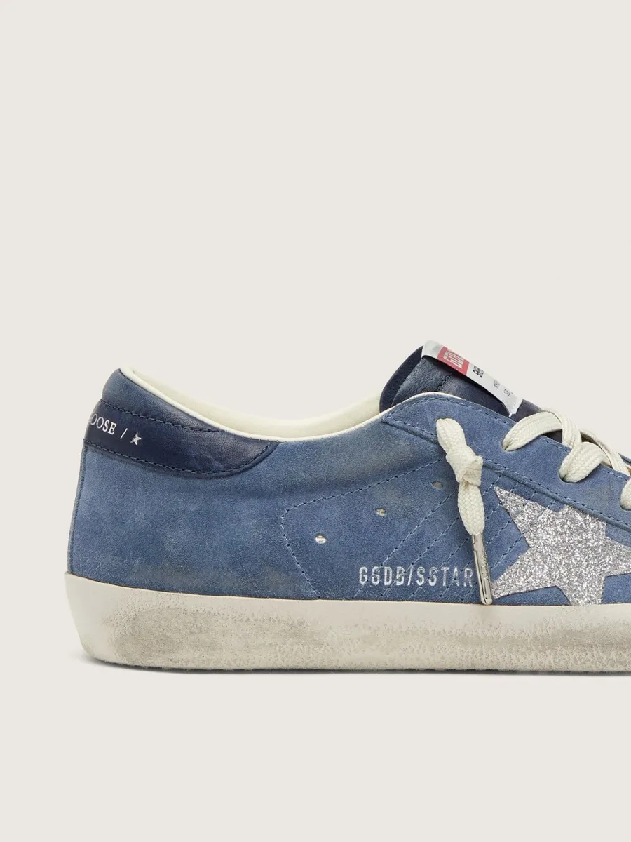 Super-Star donna in suede blu denim con stella glitter argento