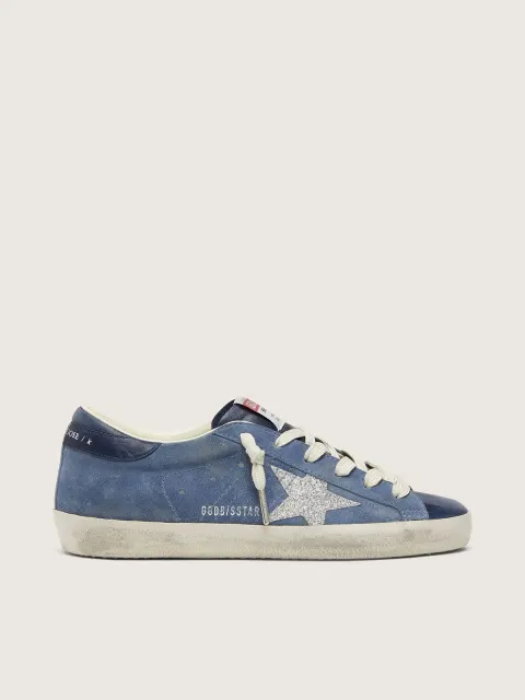 Super-Star donna in suede blu denim con stella glitter argento