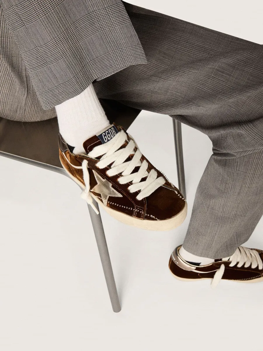 Super-Star Donna in velluto cognac con stella e talloncino in pelle laminata