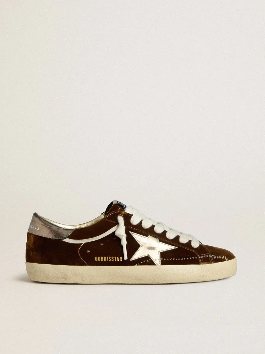 Super-Star Donna in velluto cognac con stella e talloncino in pelle laminata