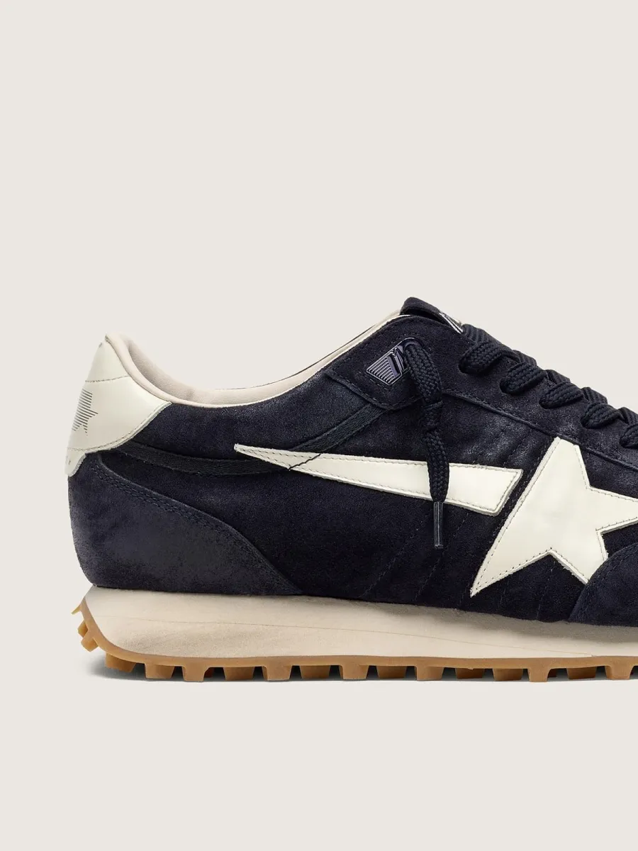 Marathon Donna in suede blu scuro con stella e talloncino in pelle