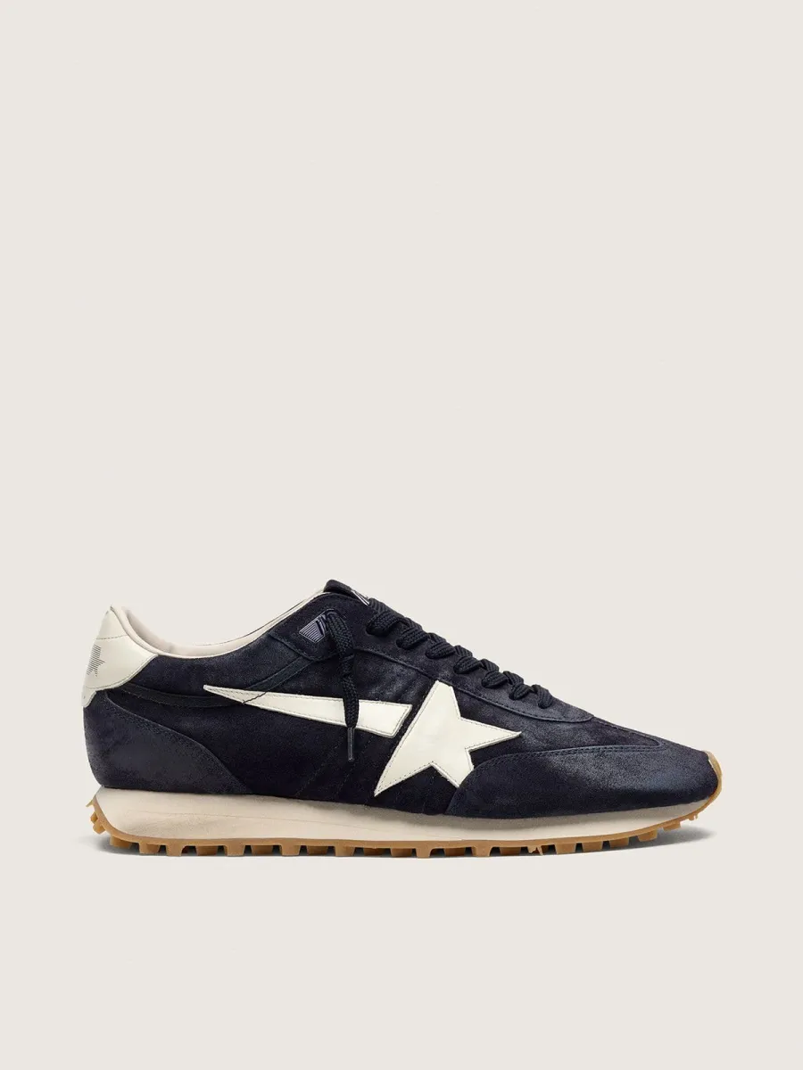Marathon Donna in suede blu scuro con stella e talloncino in pelle