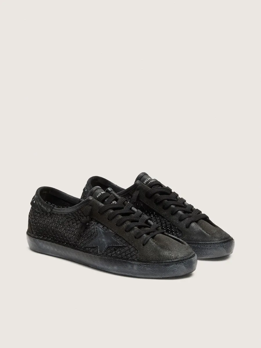 Super-Star LTD donna in suede nero traforato con stella e cristalli neri