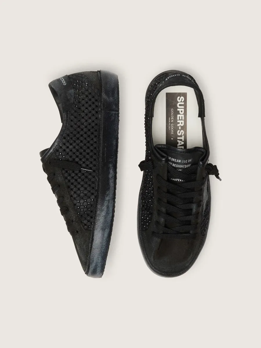 Super-Star LTD donna in suede nero traforato con stella e cristalli neri