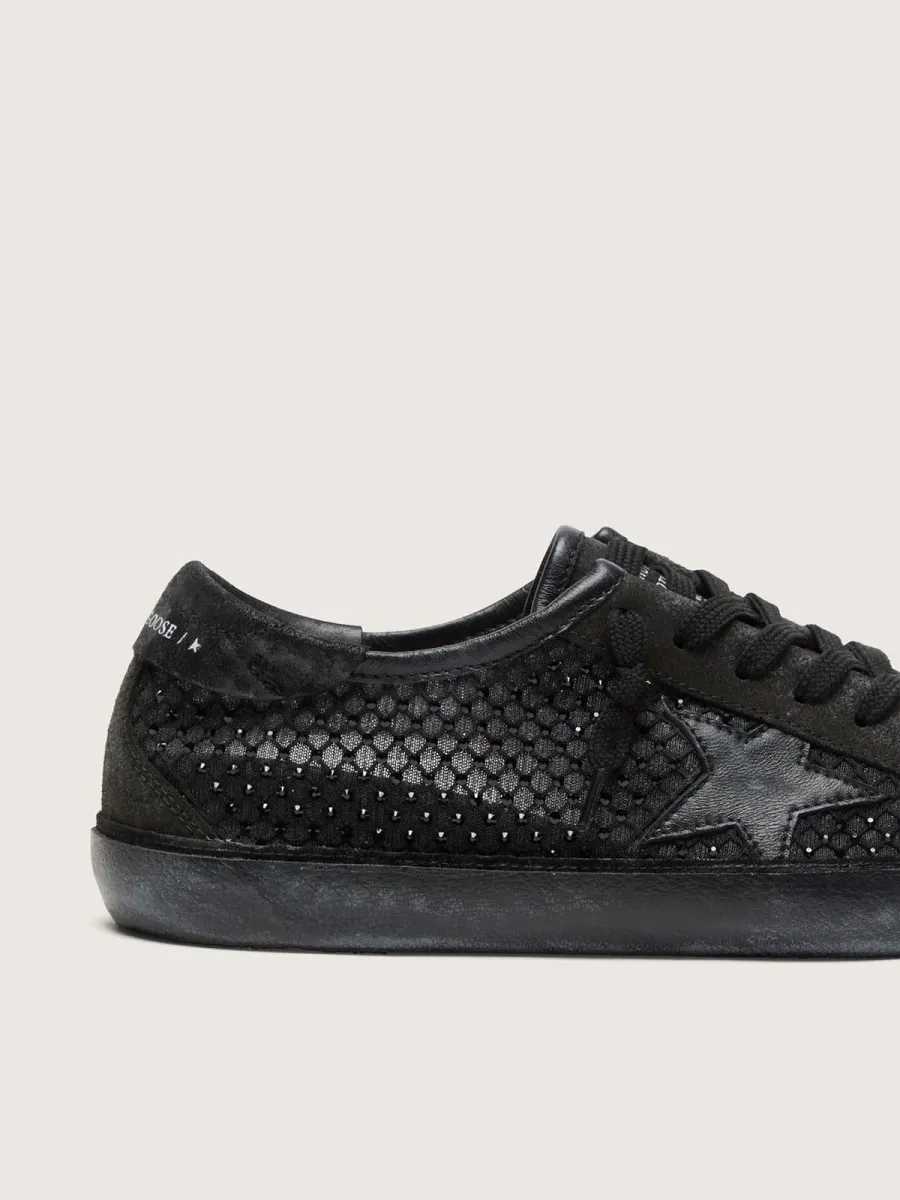 Super-Star LTD donna in suede nero traforato con stella e cristalli neri