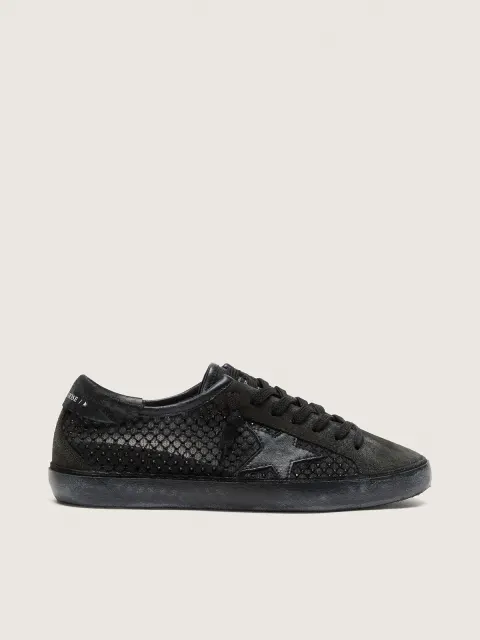 Super-Star LTD donna in suede nero traforato con stella e cristalli neri