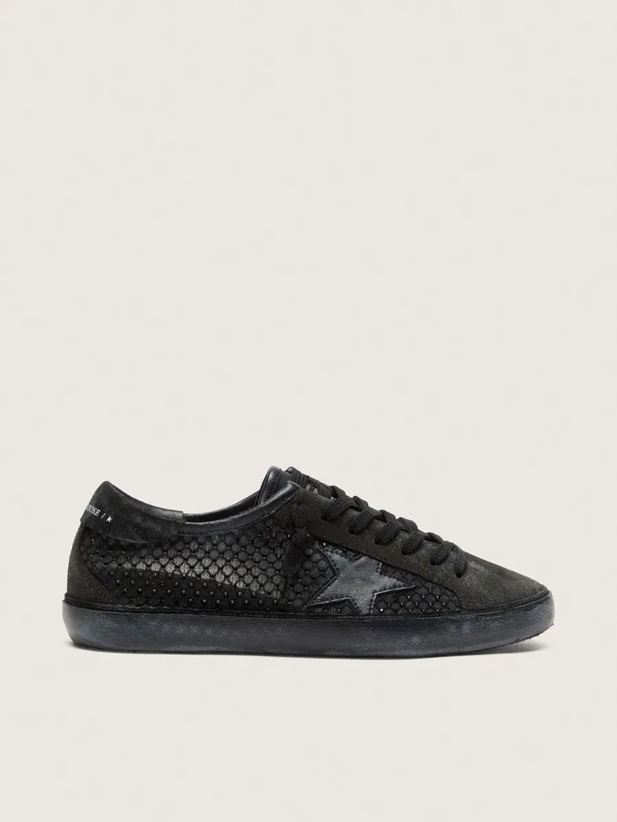 Super-Star LTD donna in suede nero traforato con stella e cristalli neri