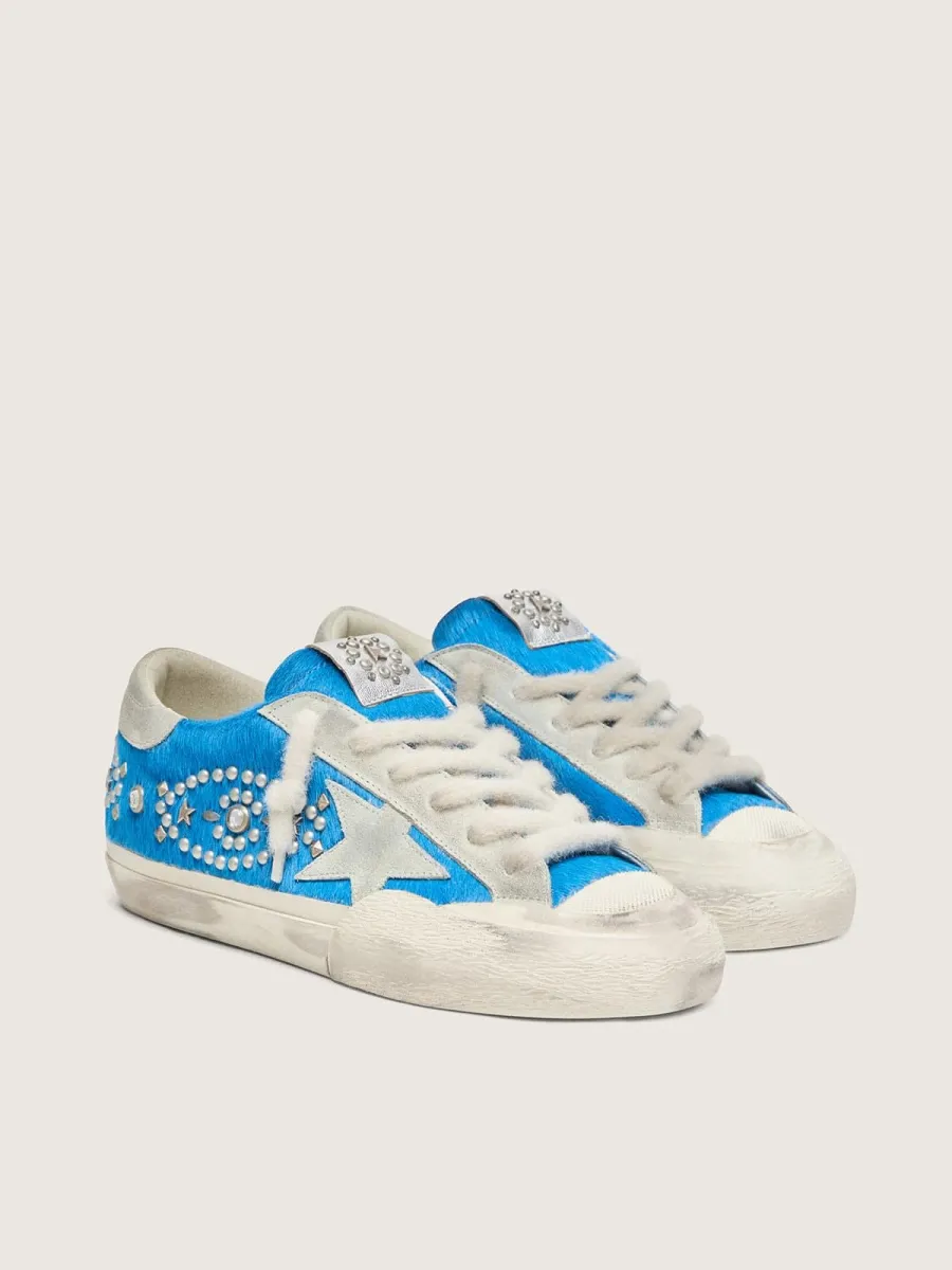 Super-Star donna LAB in cavallino bluette con stella suede e borchie