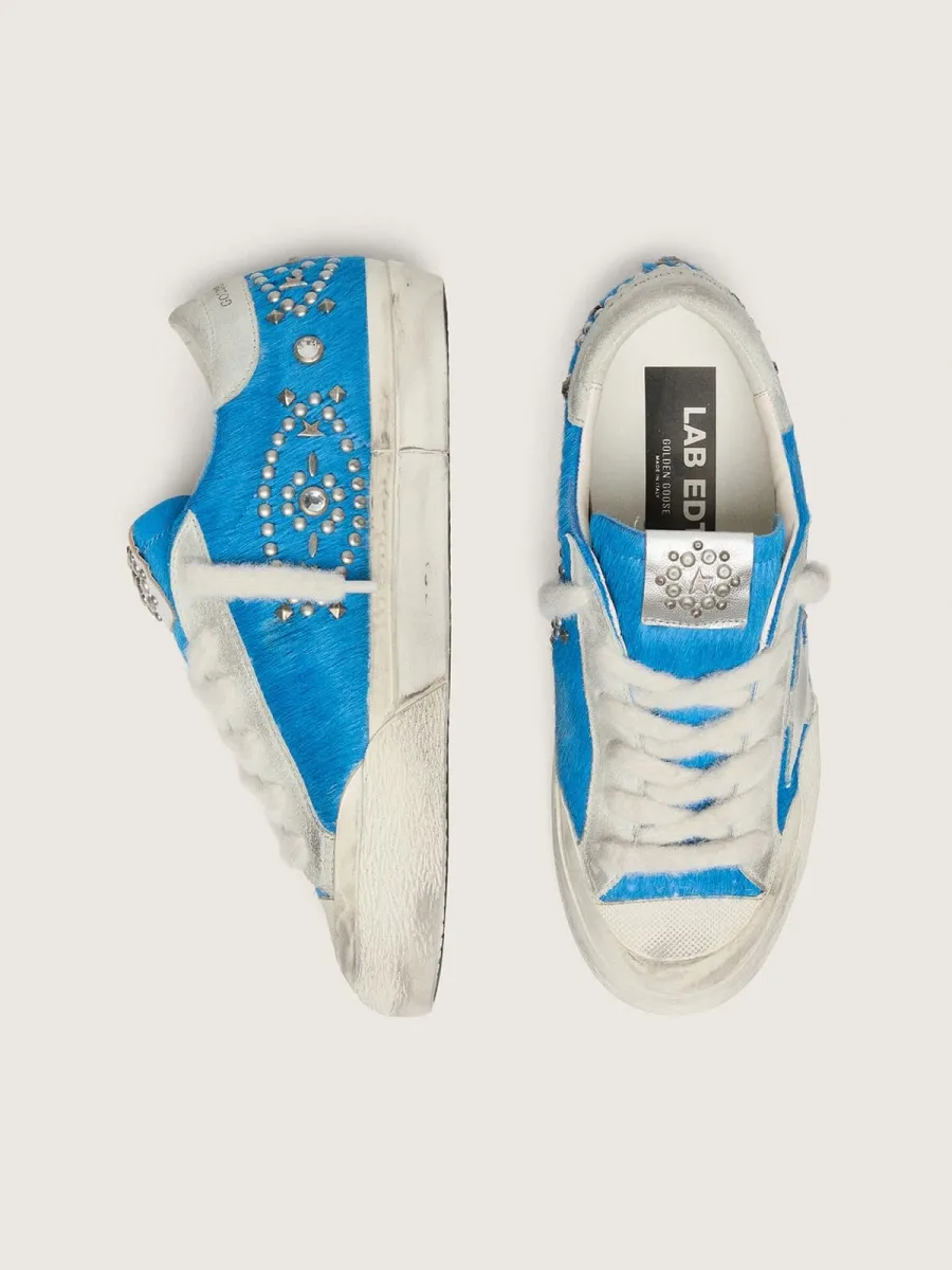 Super-Star donna LAB in cavallino bluette con stella suede e borchie